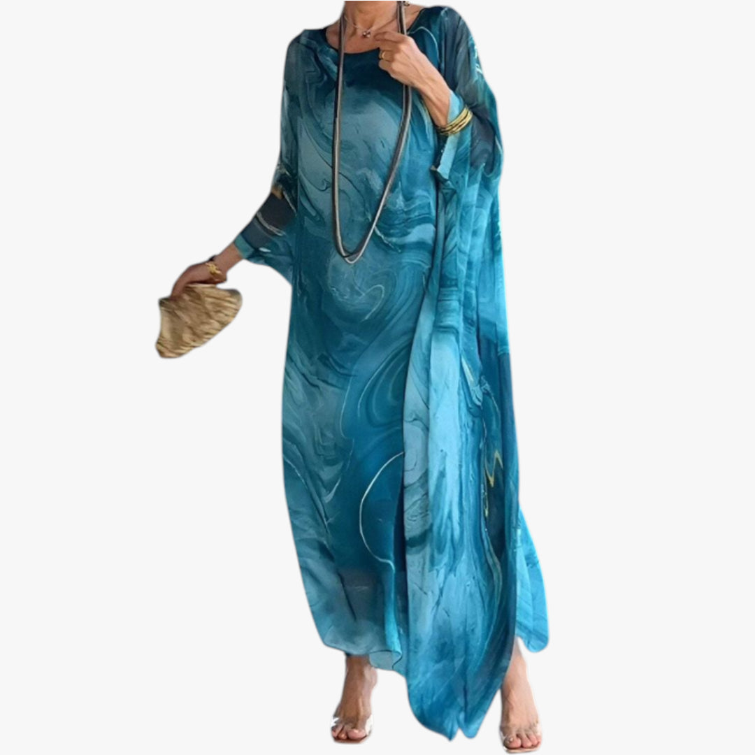 Women's Maxi Dress with Abstract Print and Batwing Sleeves