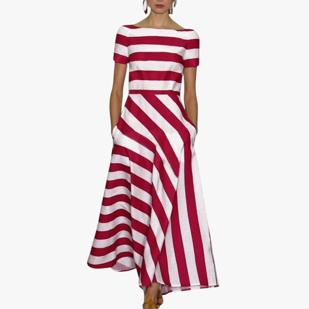 Women's A-Line Maxi Dress with Boat Neck and Side Pockets