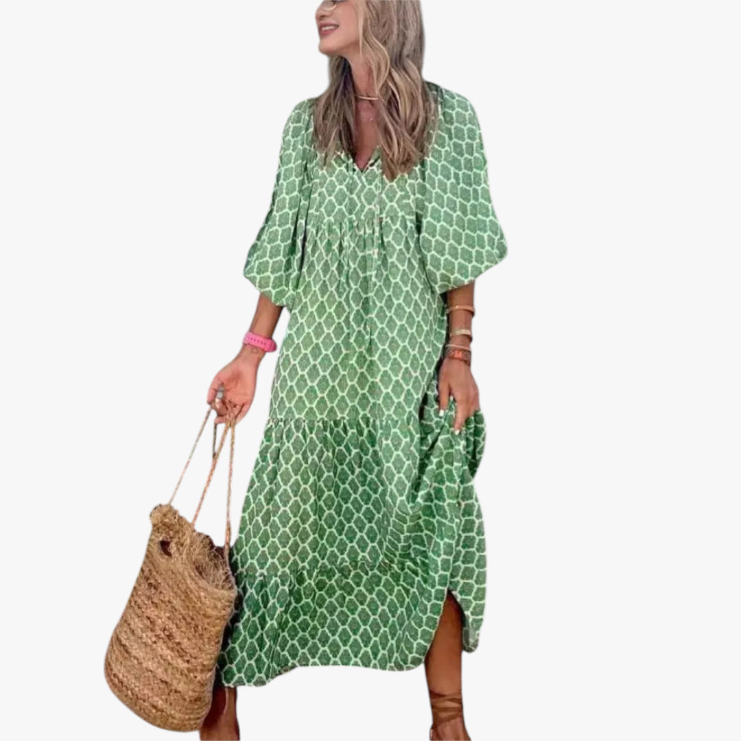 Women's Maxi Dress Floral Print with V Neck and Puff Sleeves