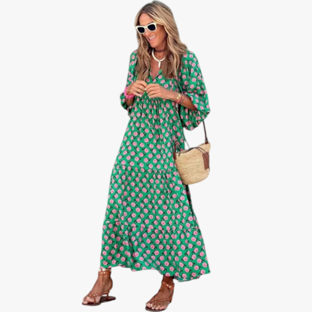 Women's Maxi Dress Floral Print with V Neck and Puff Sleeves