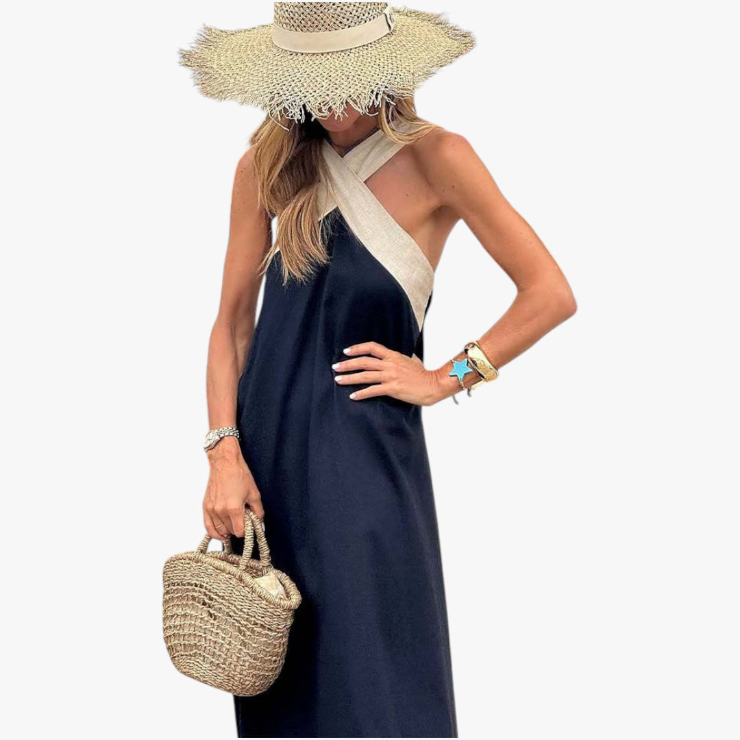Women's Maxi Dress with Cross Neck and Open Back