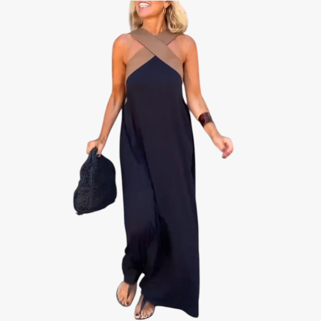 Women's Maxi Dress with Cross Neck and Open Back