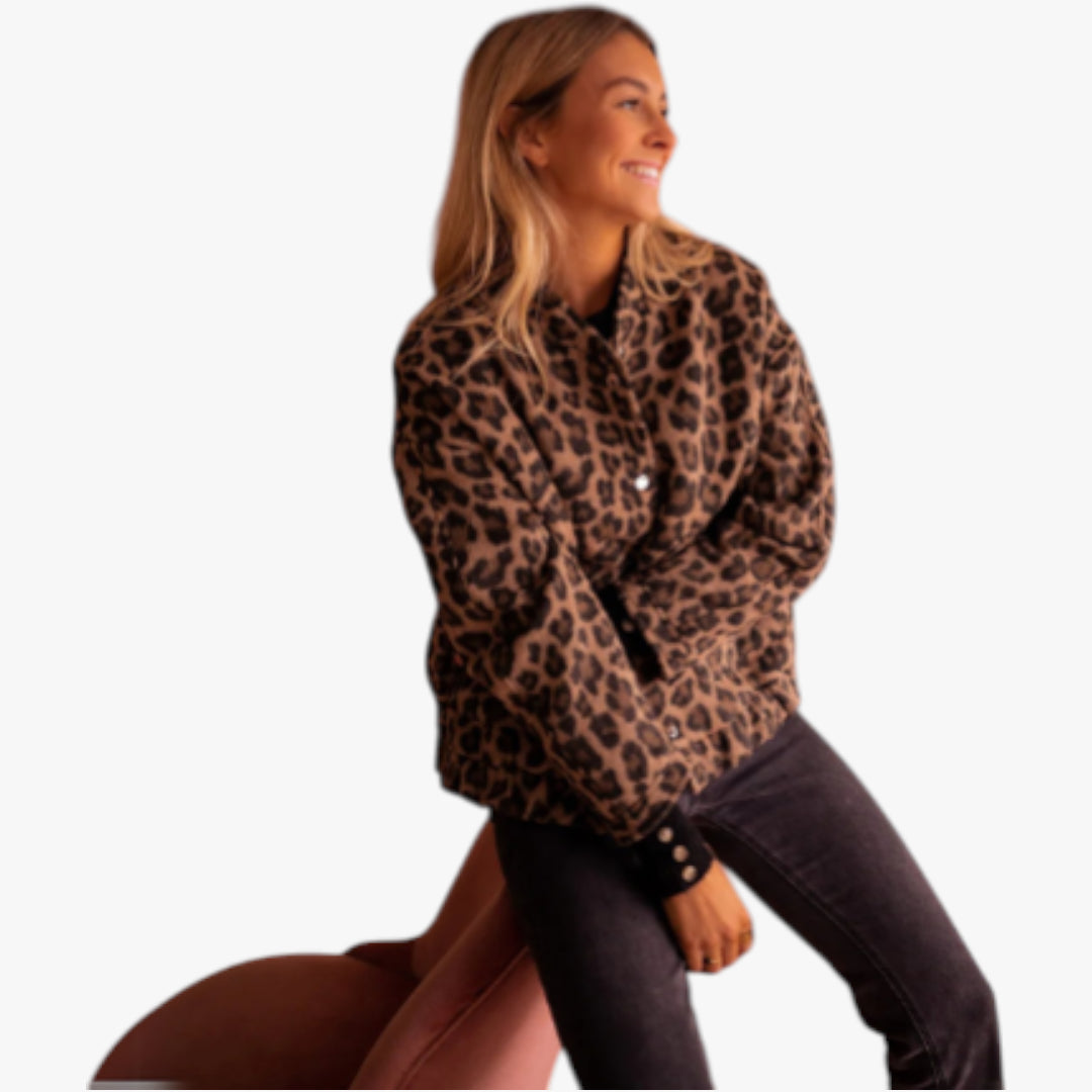 Women's Leopard Print Bomber Jacket with Ribbed Trim and Front Pockets