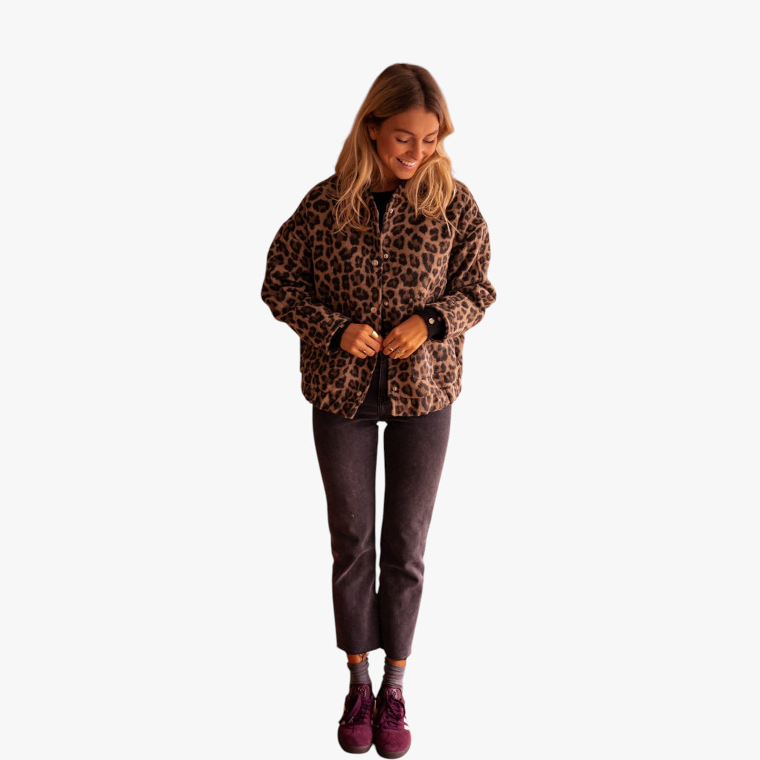 Women's Leopard Print Bomber Jacket with Ribbed Trim and Front Pockets