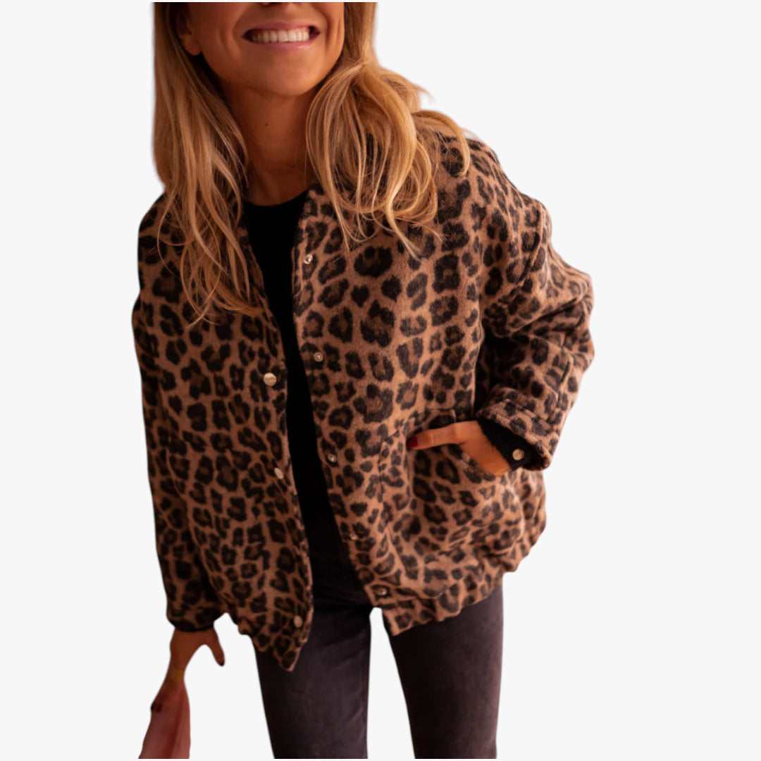 Women's Leopard Print Bomber Jacket with Ribbed Trim and Front Pockets