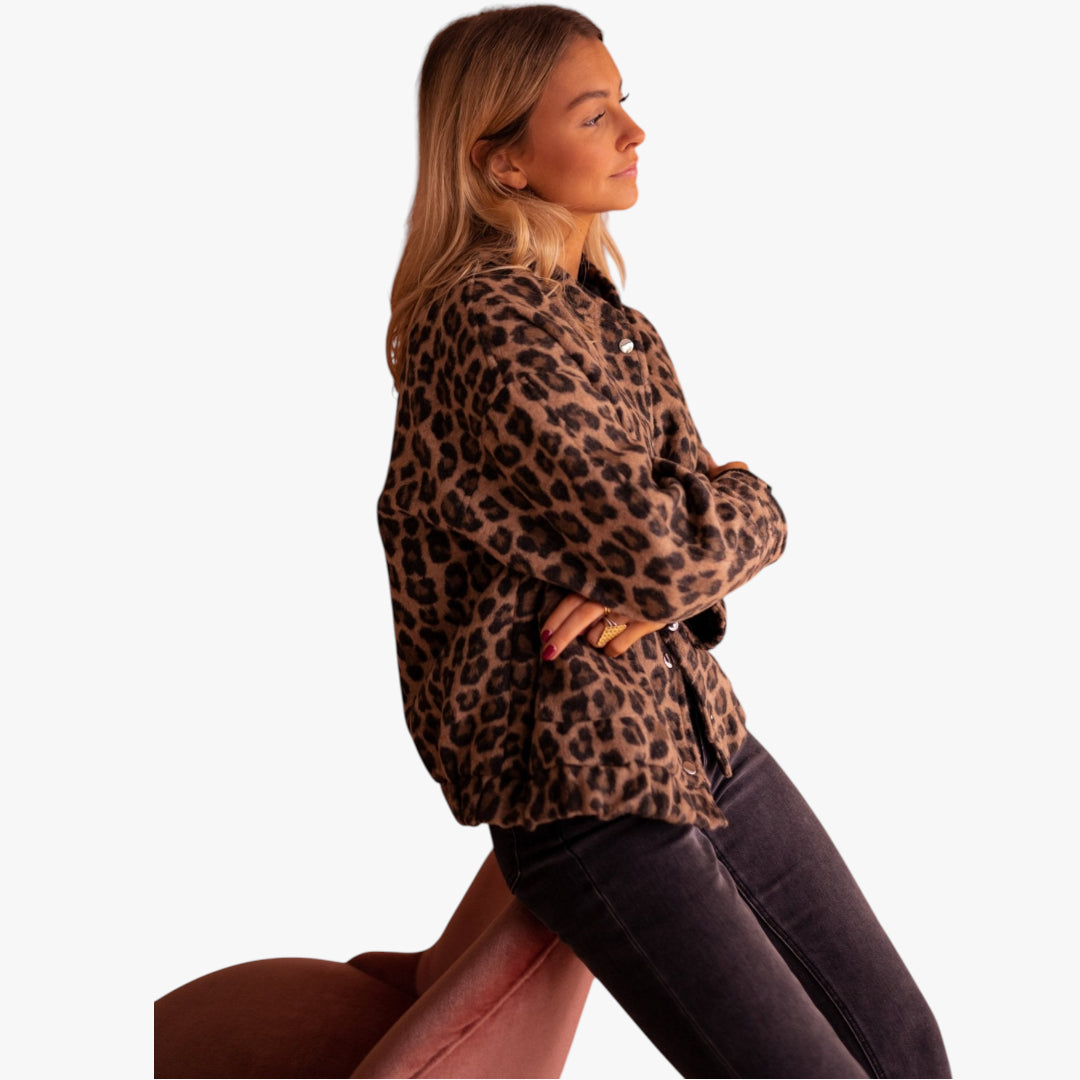 Women's Leopard Print Bomber Jacket with Ribbed Trim and Front Pockets