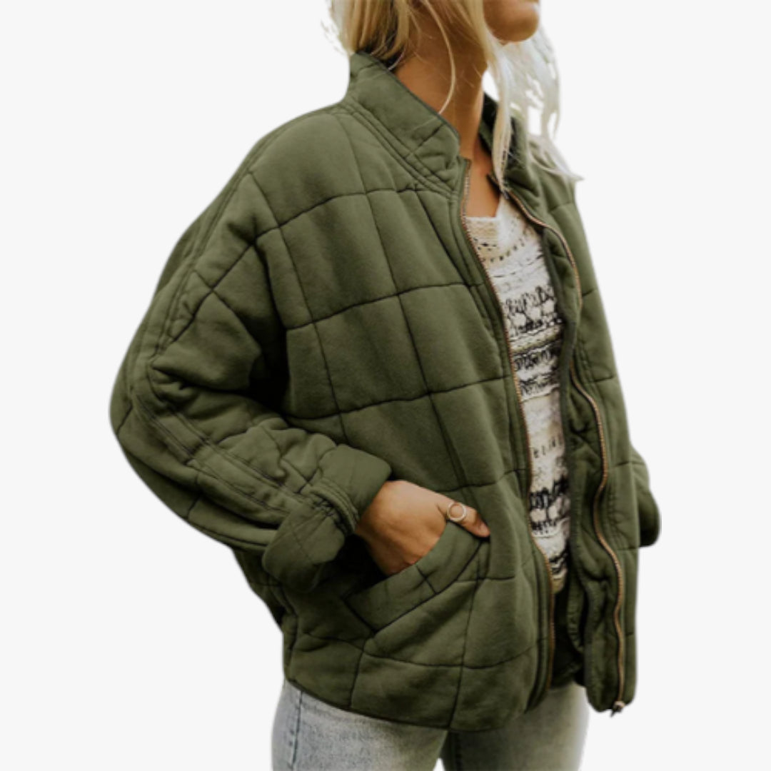 Women's Oversized Quilted Jacket with Zip Up and Funnel Neck