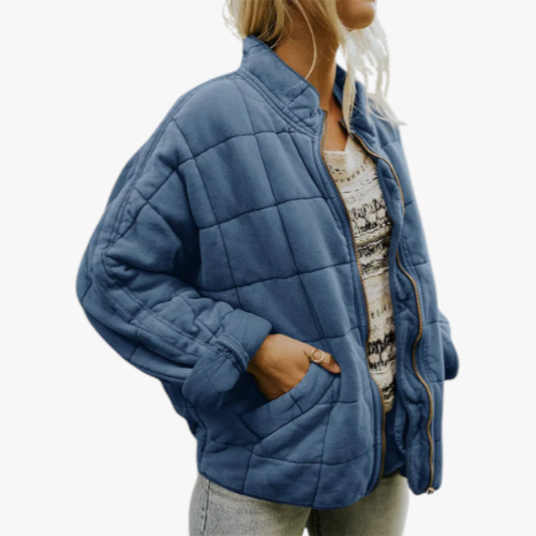 Women's Oversized Quilted Jacket with Zip Up and Funnel Neck