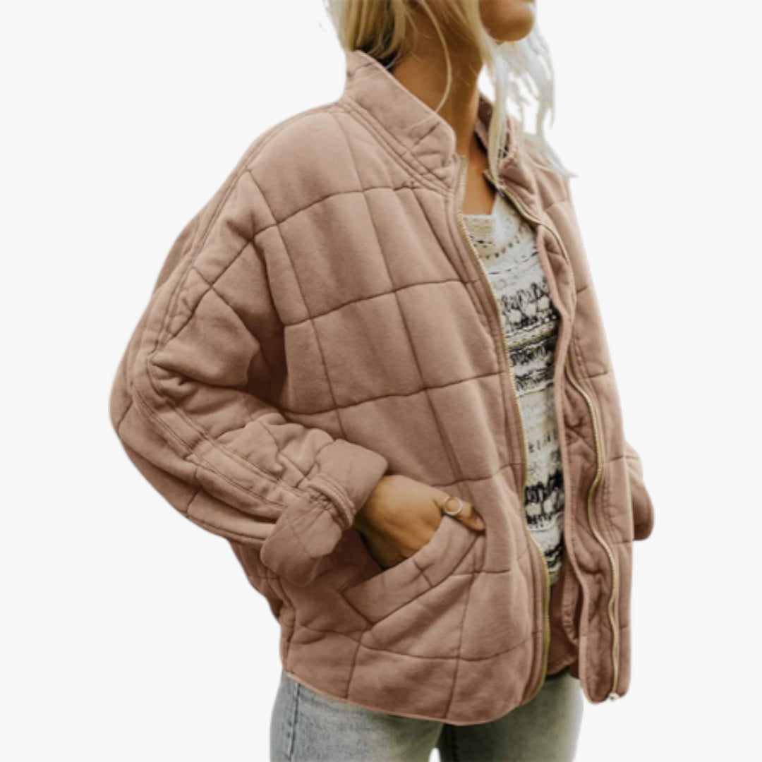 Women's Oversized Quilted Jacket with Zip Up and Funnel Neck