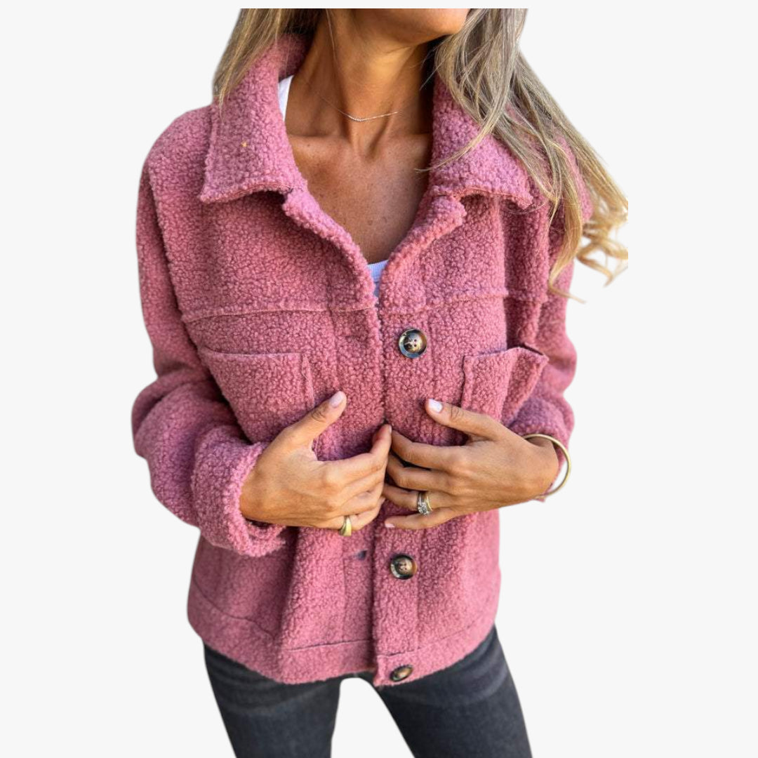 Women's Short Teddy Jacket with Fur Collar and Wrap Front