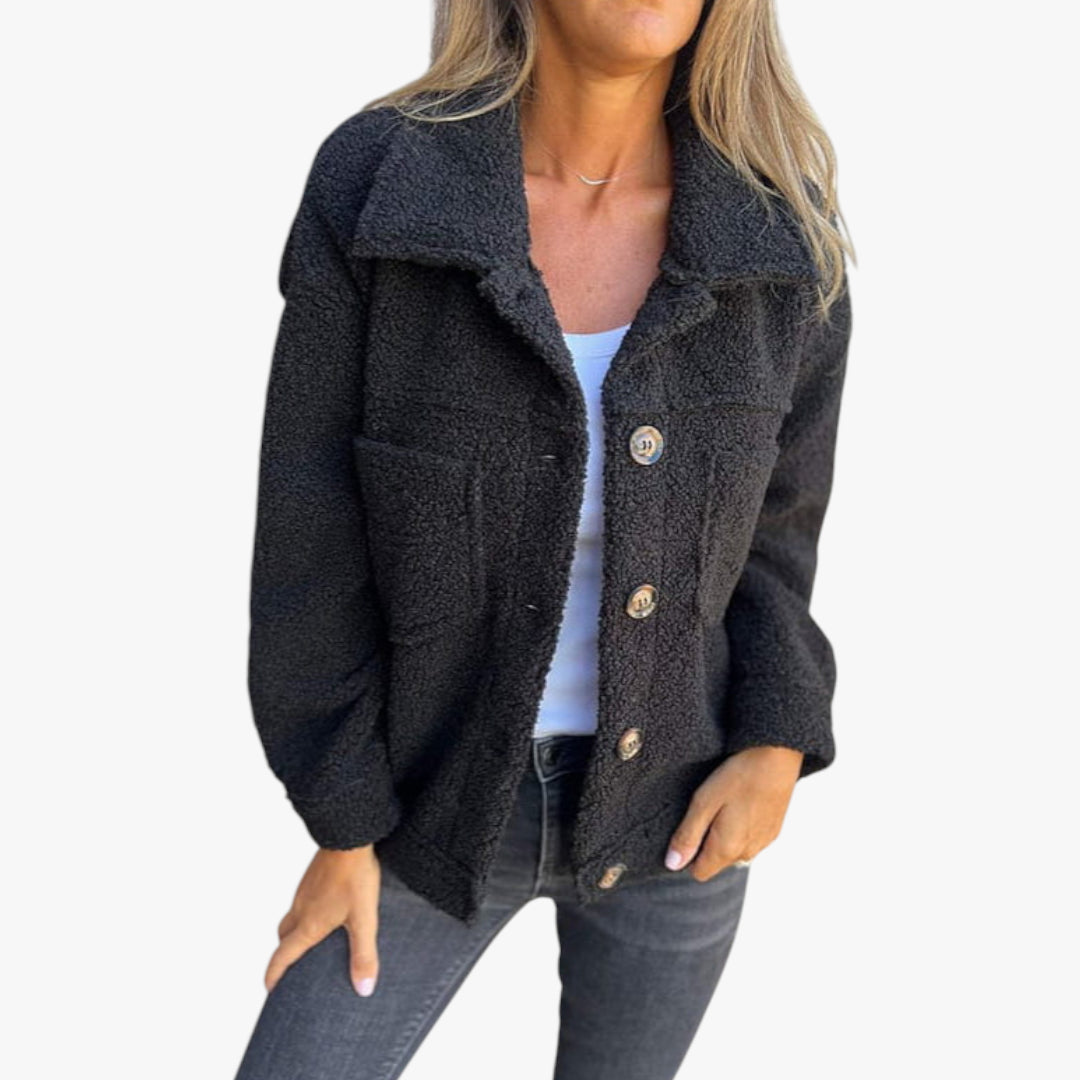 Women's Short Teddy Jacket with Fur Collar and Wrap Front