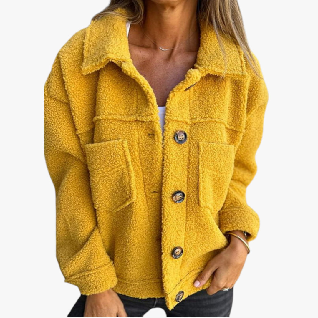 Women's Short Teddy Jacket with Fur Collar and Wrap Front