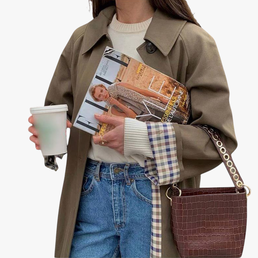 Women's Long Trench Coat with Check Lining and Double Breasted Front