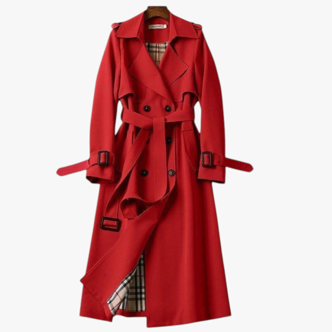 Women's Long Trench Coat with Belted Waist and Double Breasted Front