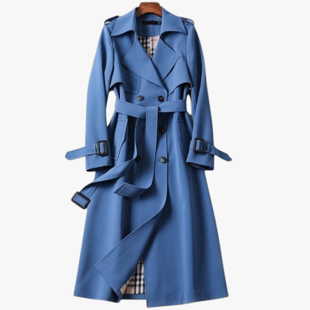 Women's Long Trench Coat with Belted Waist and Double Breasted Front