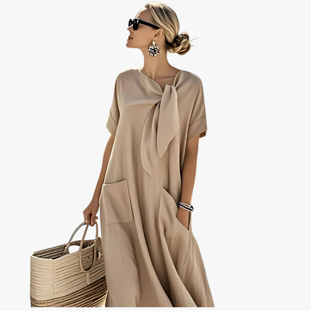 Women's Maxi Dress with Tie Neck and Front Pockets