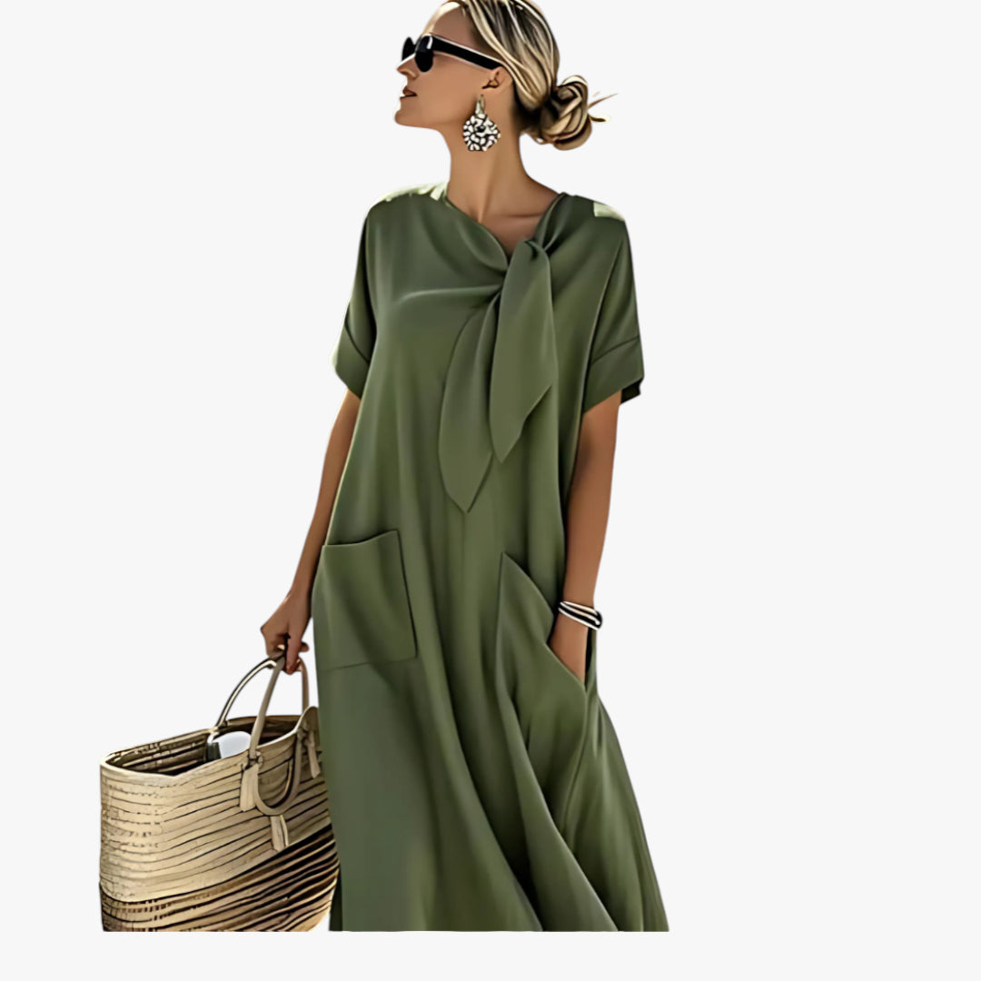 Women's Maxi Dress with Tie Neck and Front Pockets