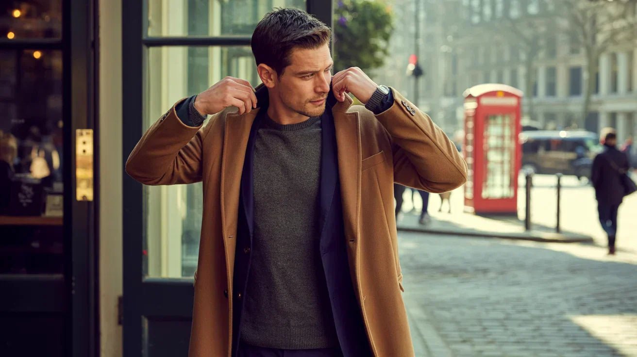 Men’s layering outfit with long-sleeve tee, jumper and coat, Zerando London guide