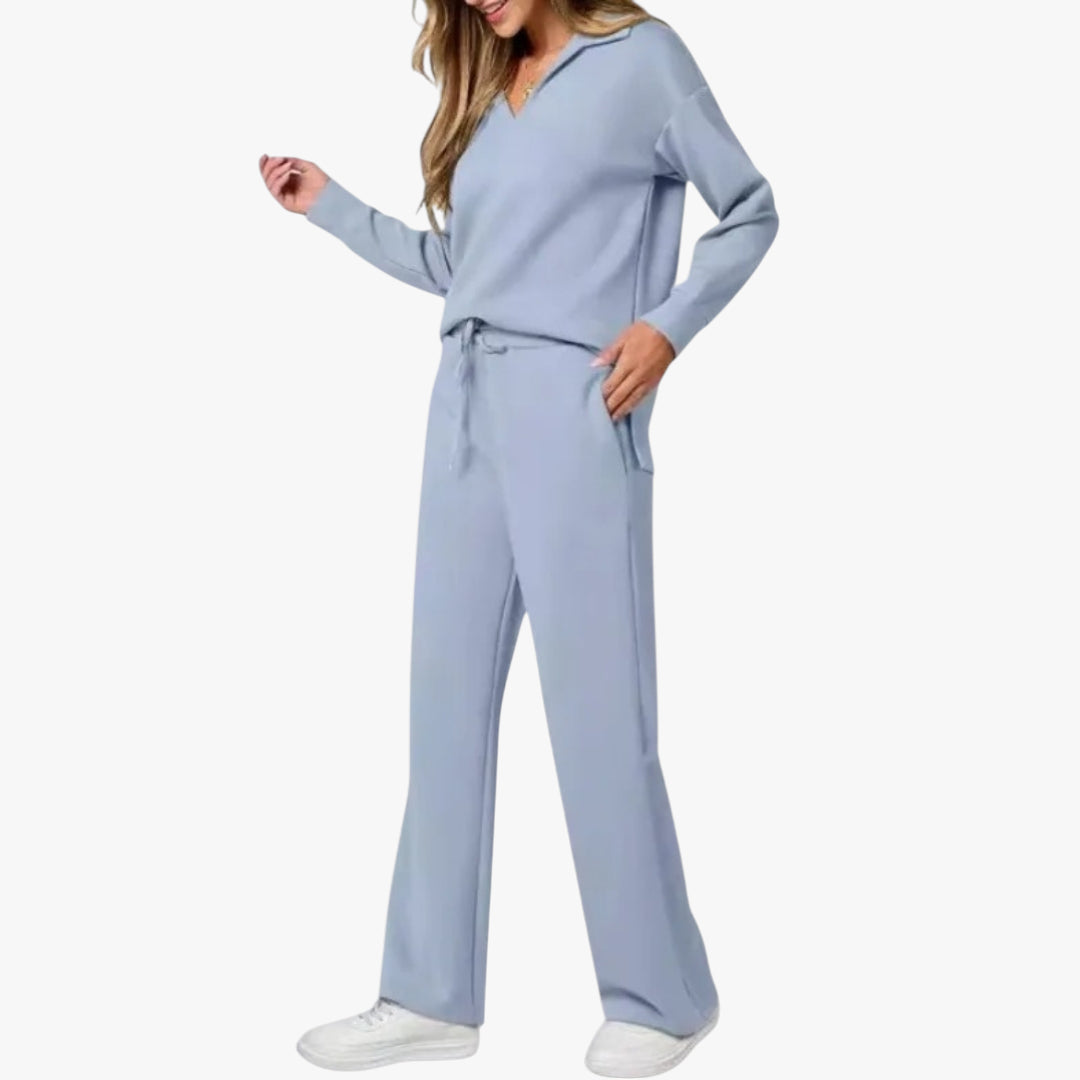 Women's Knitted Loungewear Set with Adjustable Drawstring and Relaxed Fit Trousers
