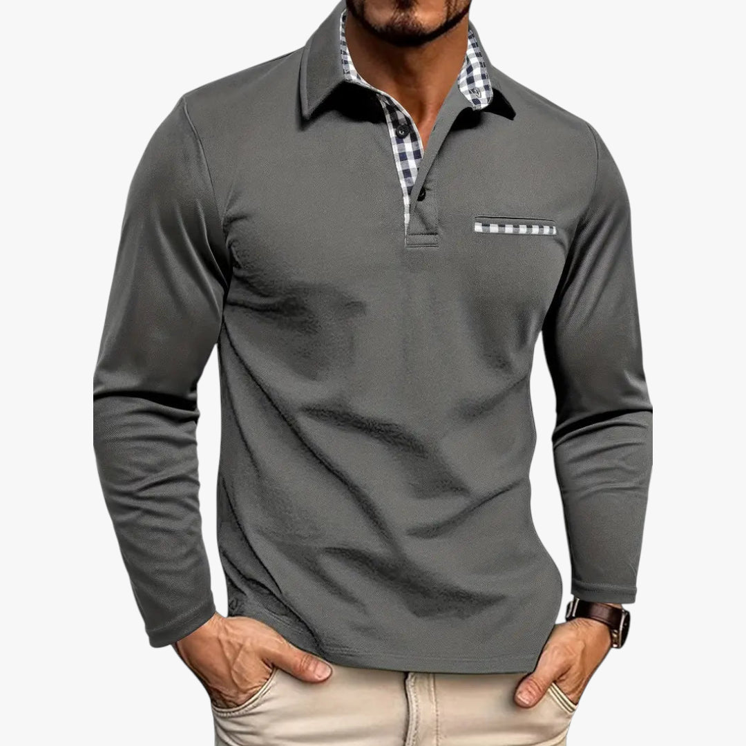 Gray long-sleeve polo shirt worn by a person on a white background