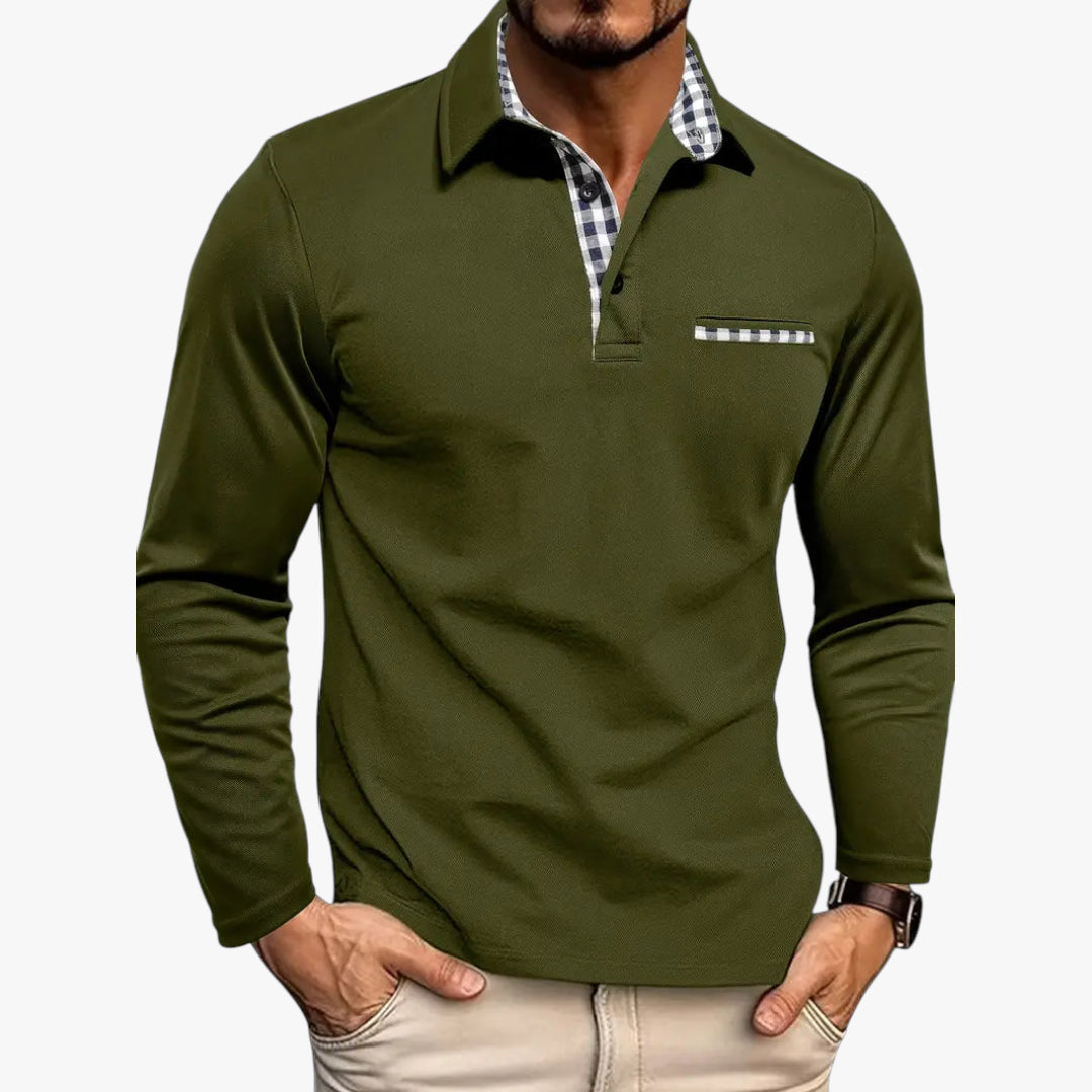Green long-sleeve polo shirt worn by a person on a white background