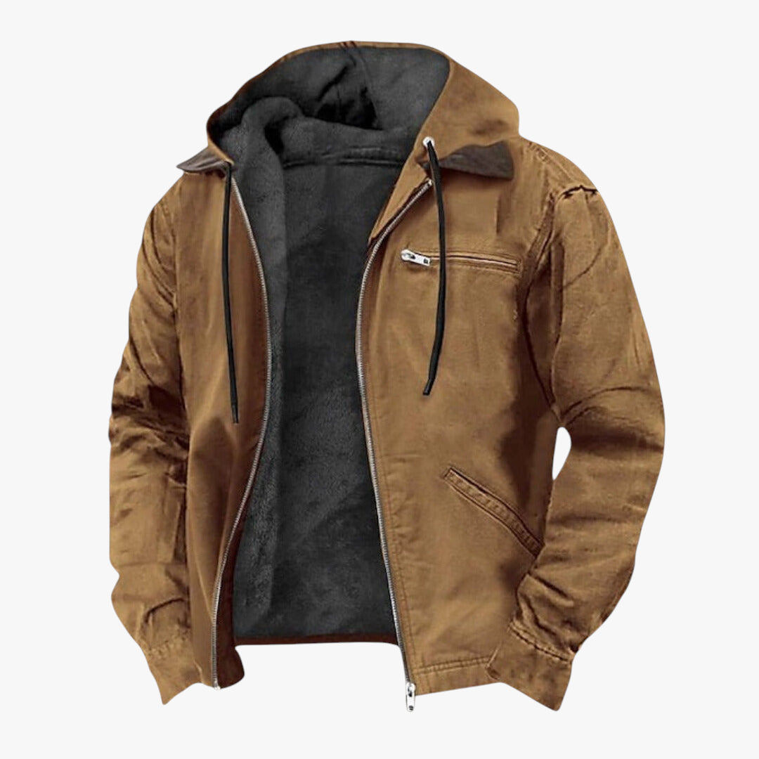 Brown jacket with a hood on a white background