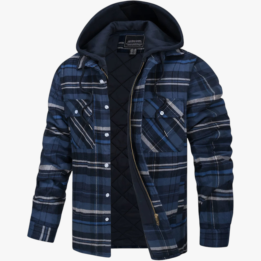 Blue plaid jacket with a hood on a white background
