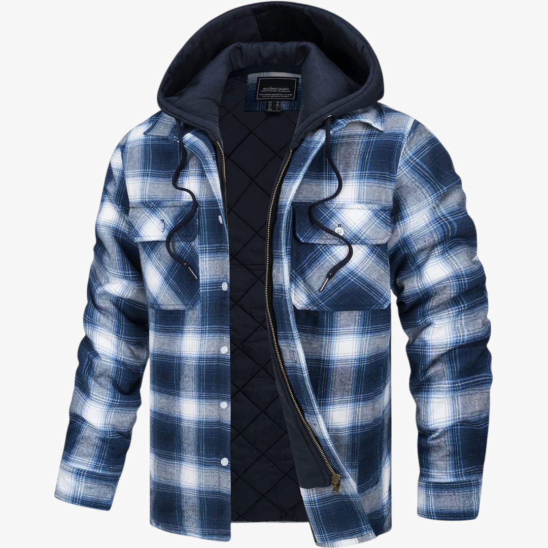 Blue and white plaid jacket with quilted black lining on a white background