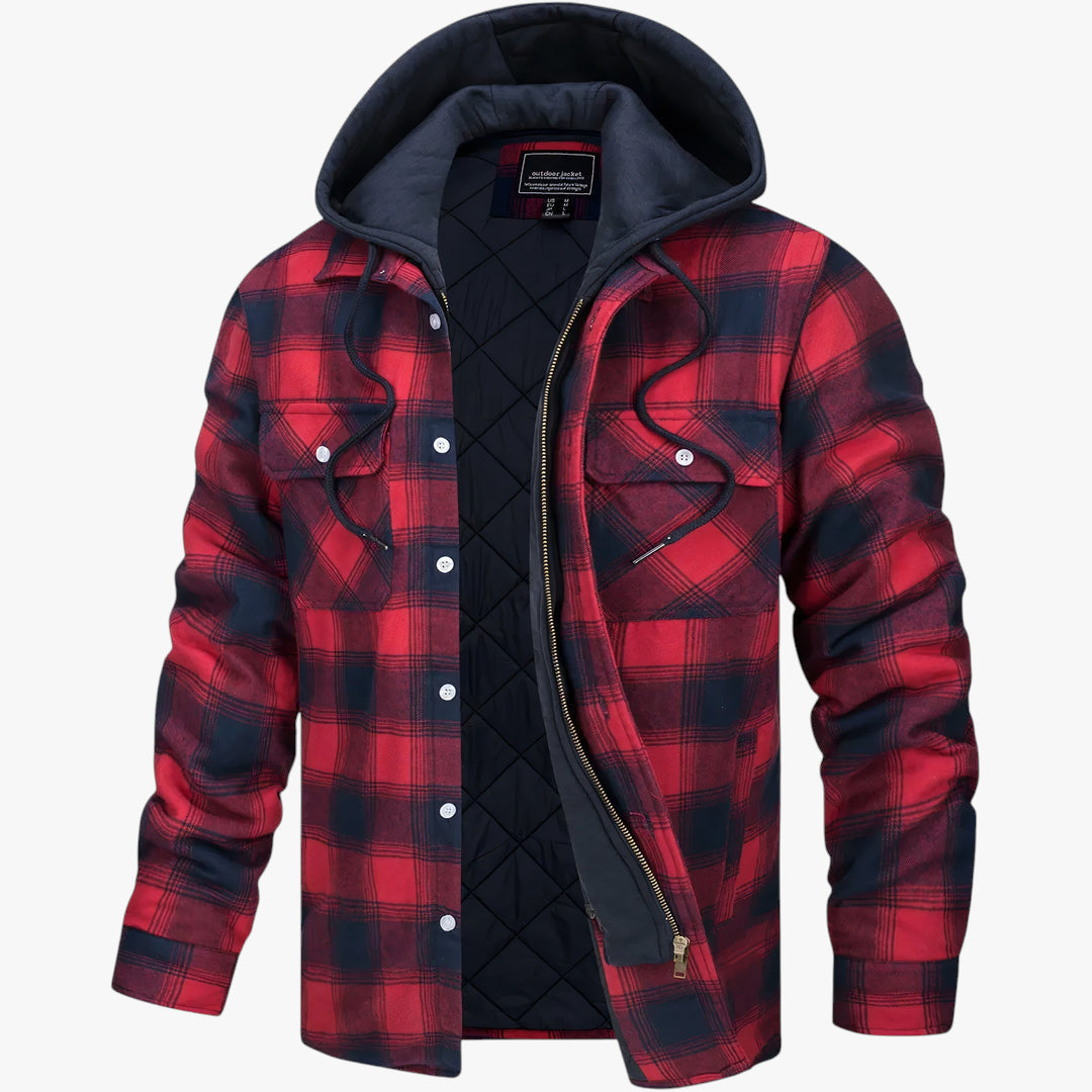 Red and black plaid jacket with a hood on a white background