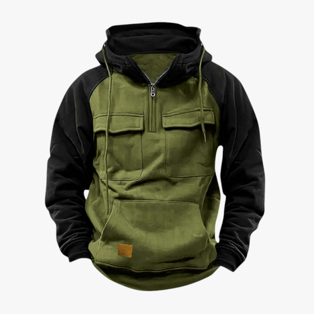Green and black hoodie with a zipper on a white background