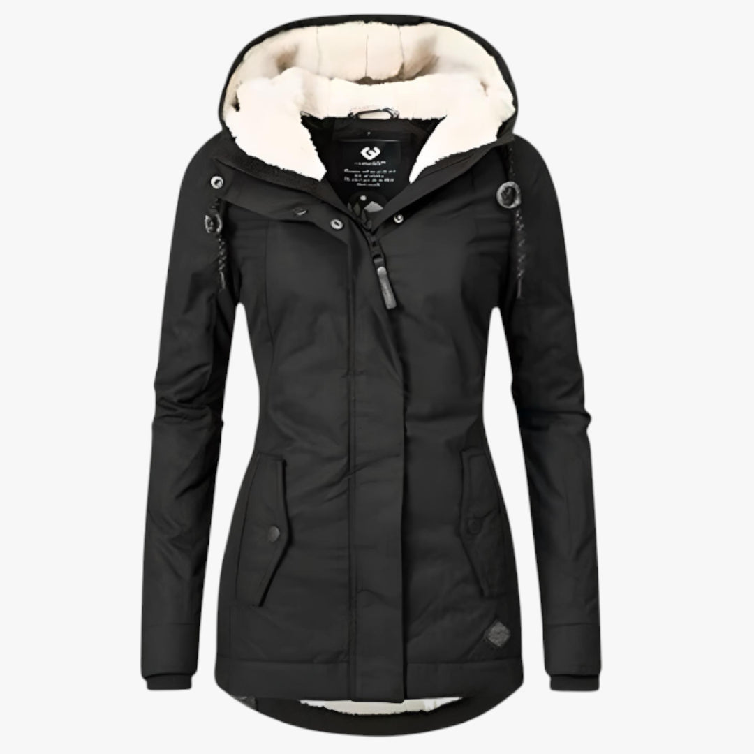Black winter jacket with white fur lining on a white background