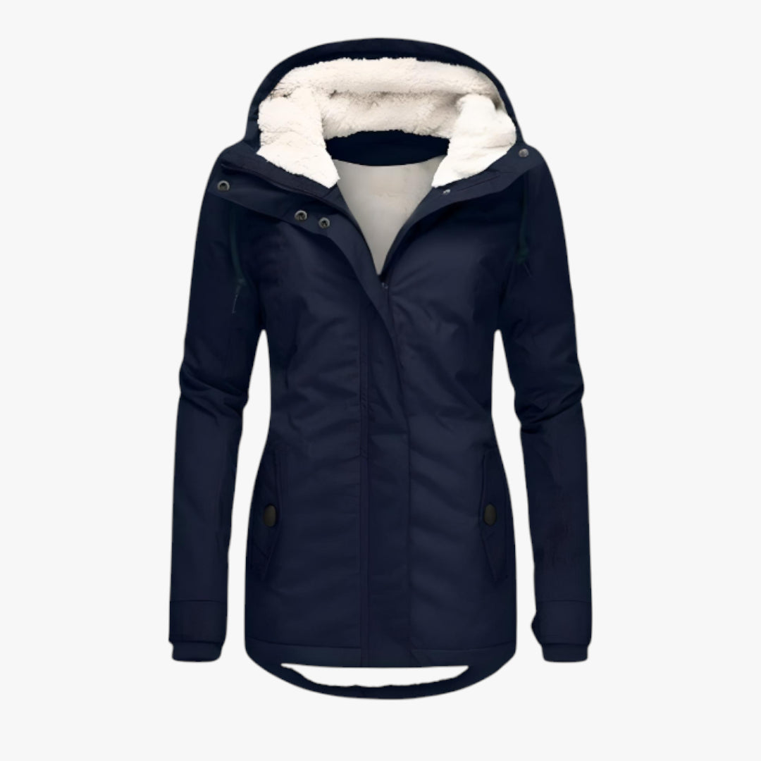 Navy blue winter jacket with white fur lining on a white background