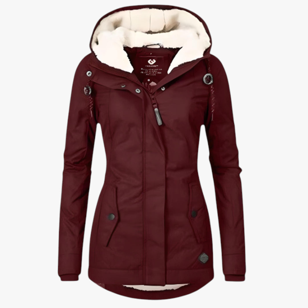 Maroon winter jacket with white fur lining on a white background