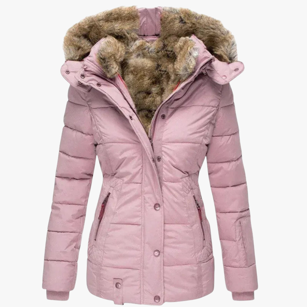 Pink winter coat with fur-lined hood on a white background