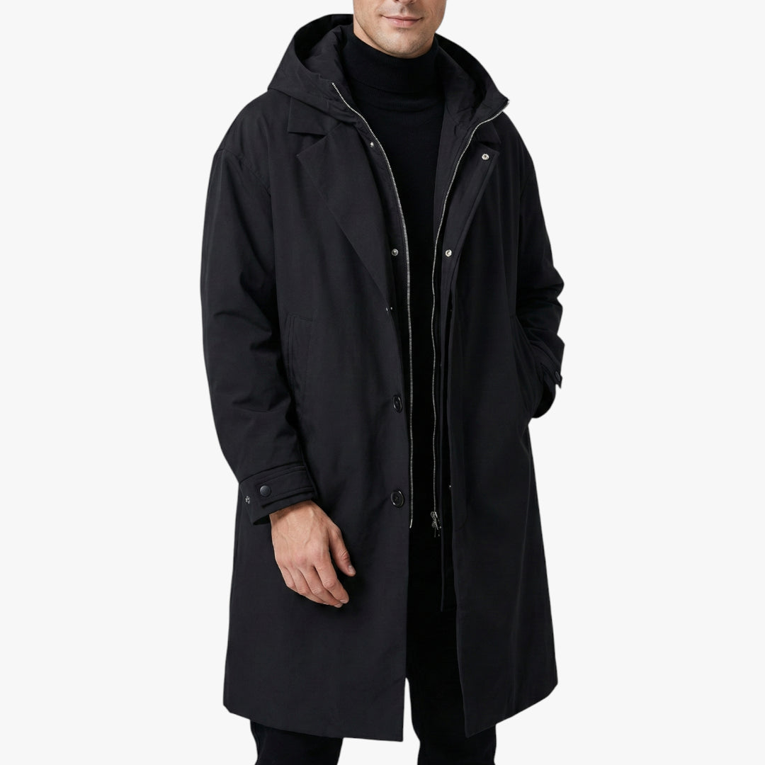 Men's Hooded Trench Coat with Zip Closure and Storm Flap
