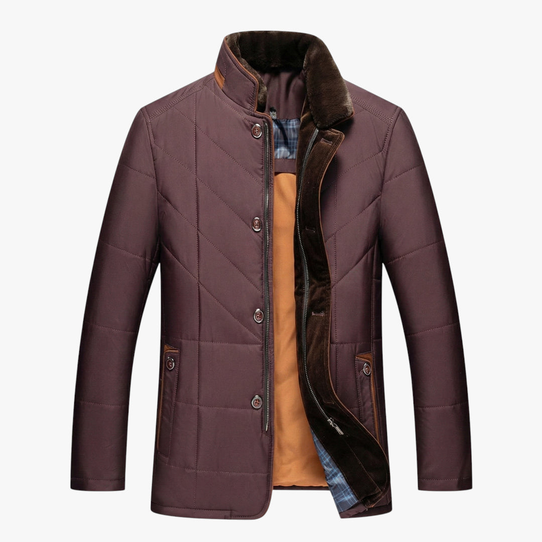 Men's Quilted Winter Jacket with High Collar and Storm Flap