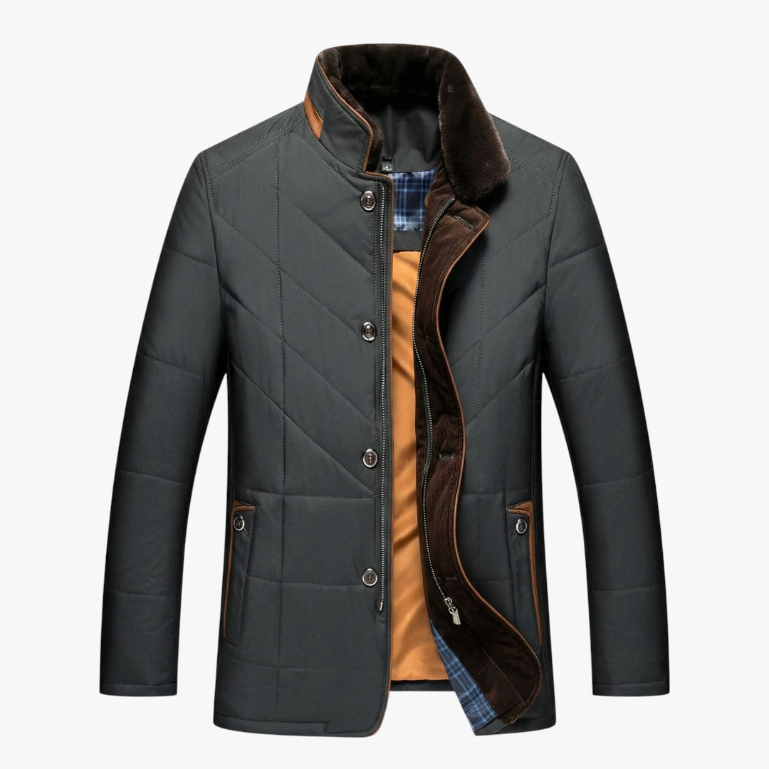 Men's Quilted Winter Jacket with High Collar and Storm Flap