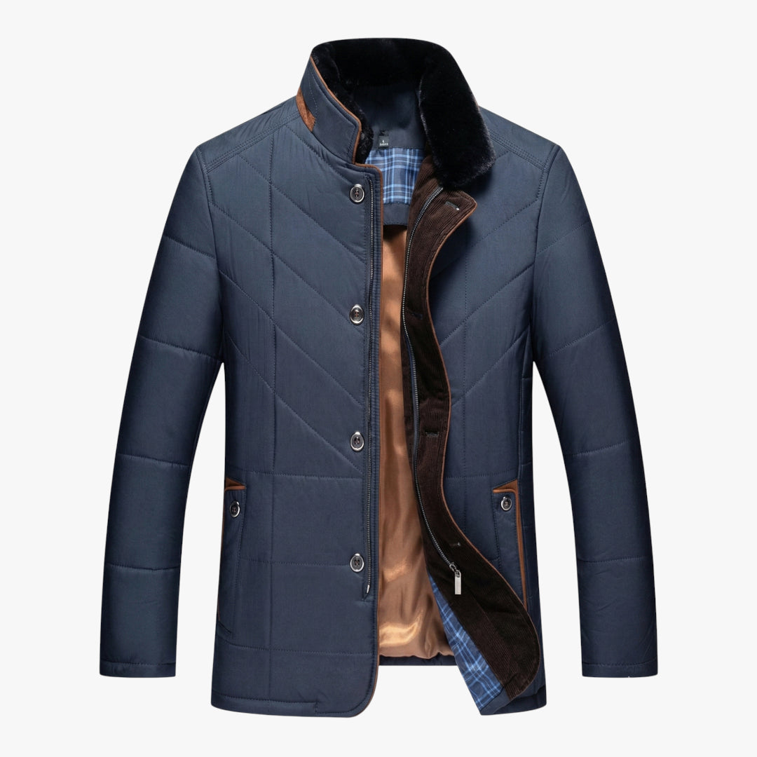 Men's Quilted Winter Jacket with High Collar and Storm Flap
