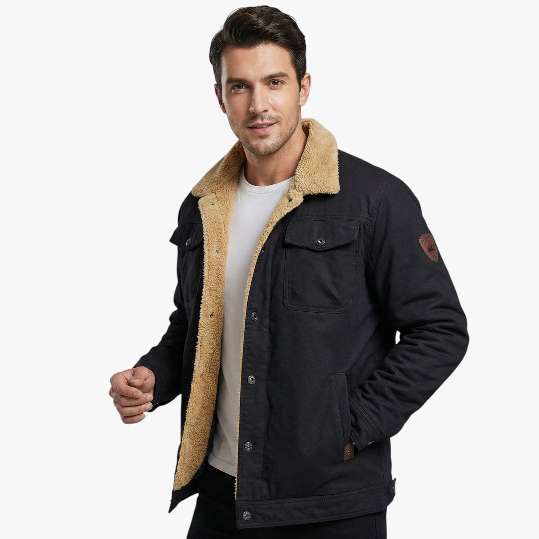 Men's Insulated Winter Jacket with High Collar and Button Closure