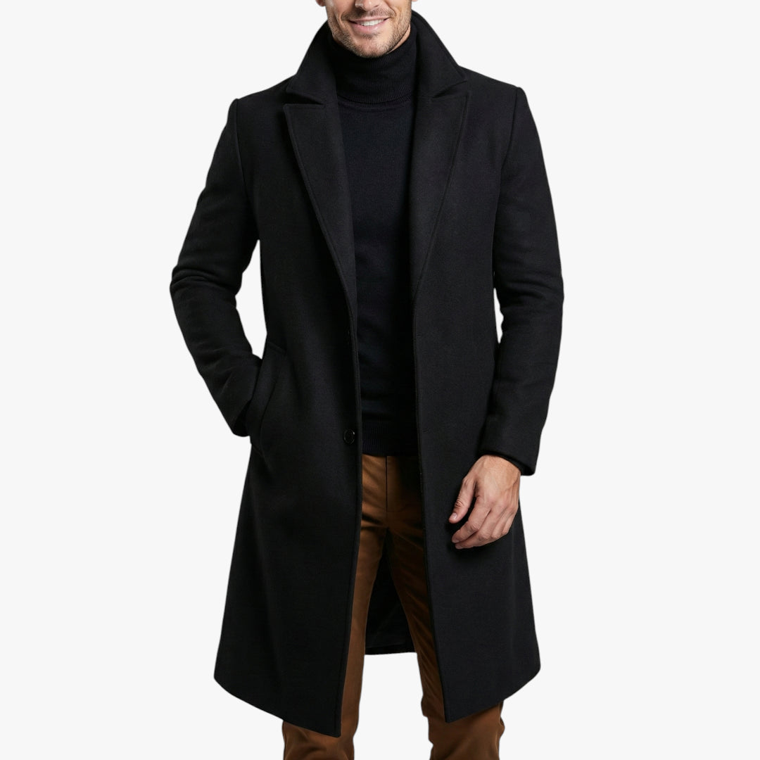 Men's Longline Overcoat with Button Closure and Side Pockets