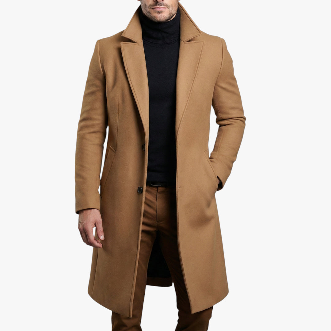Men's Longline Overcoat with Button Closure and Side Pockets