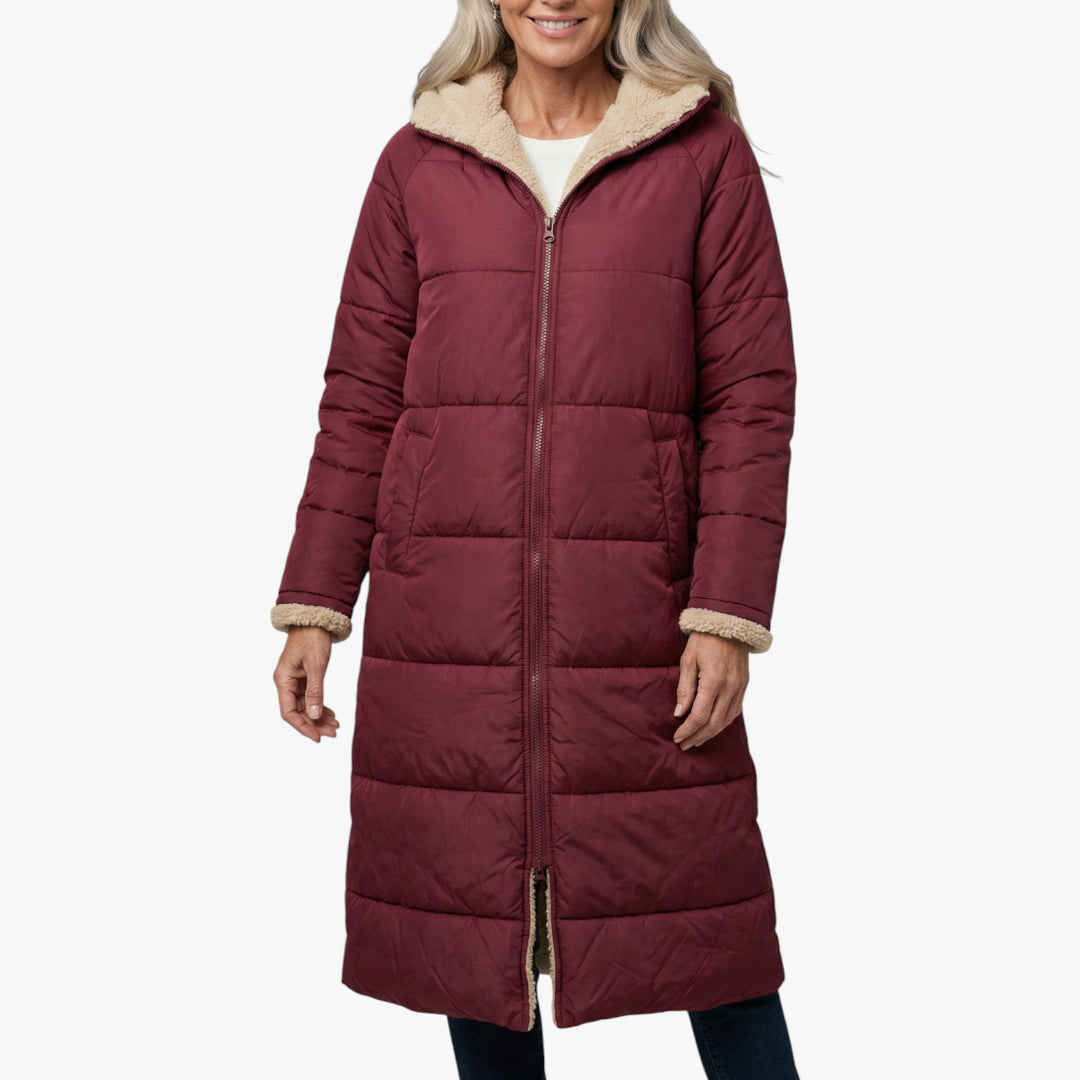 Women's Longline Puffer Jacket with Fleece-Lined and Side Pockets