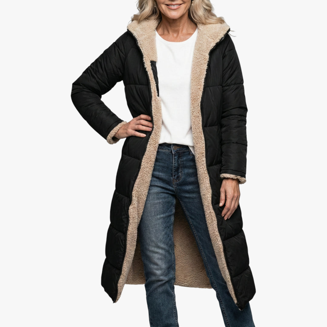 Women's Longline Puffer Jacket with Fleece-Lined and Side Pockets