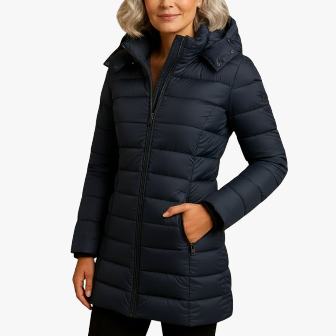 Women's Lightweight Puffer Jacket with Detachable Hood and Two-Way Zip