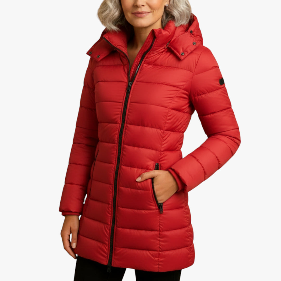 Women's Lightweight Puffer Jacket with Detachable Hood and Two-Way Zip