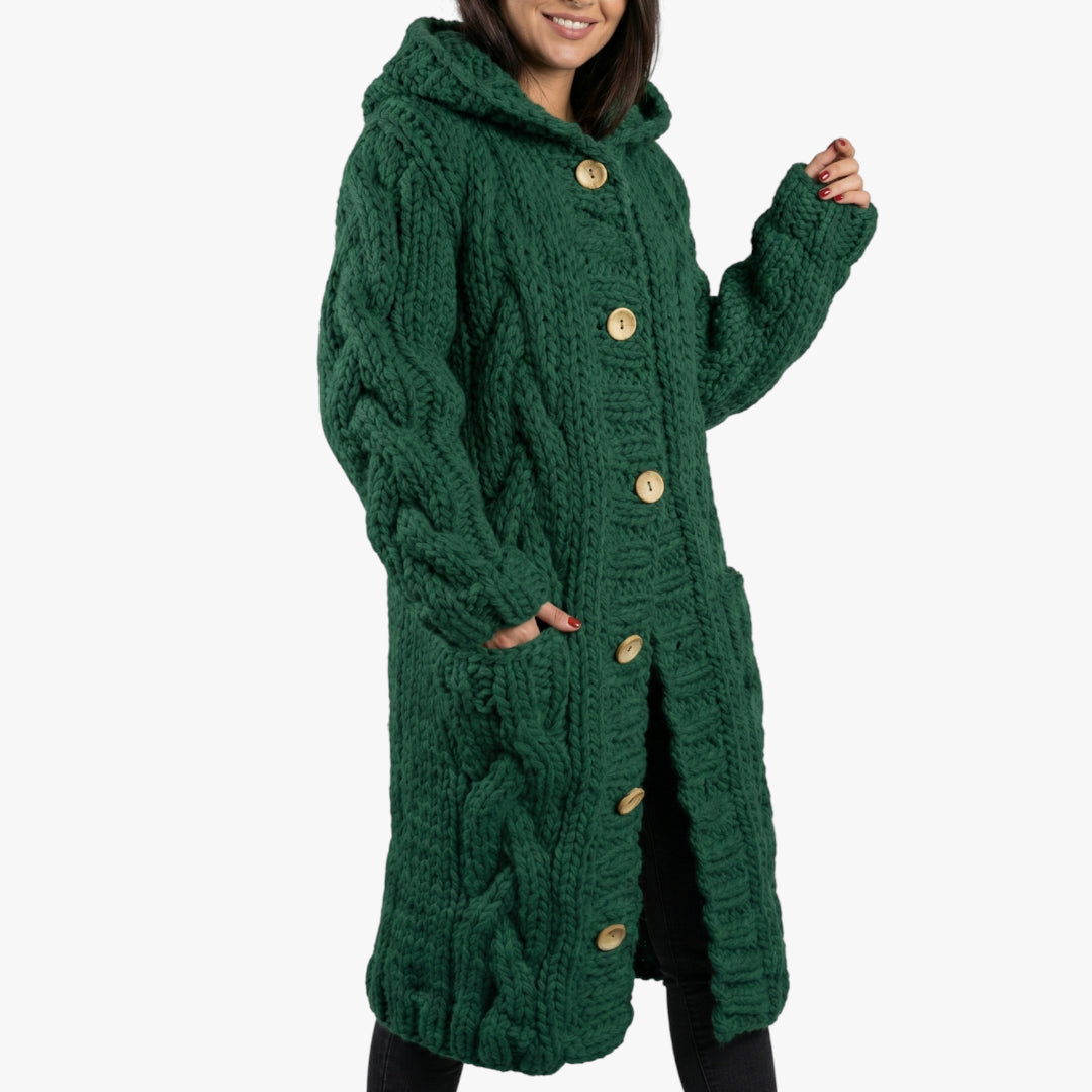 Women's Hooded Longline Coat with Button Closure and Side Pockets