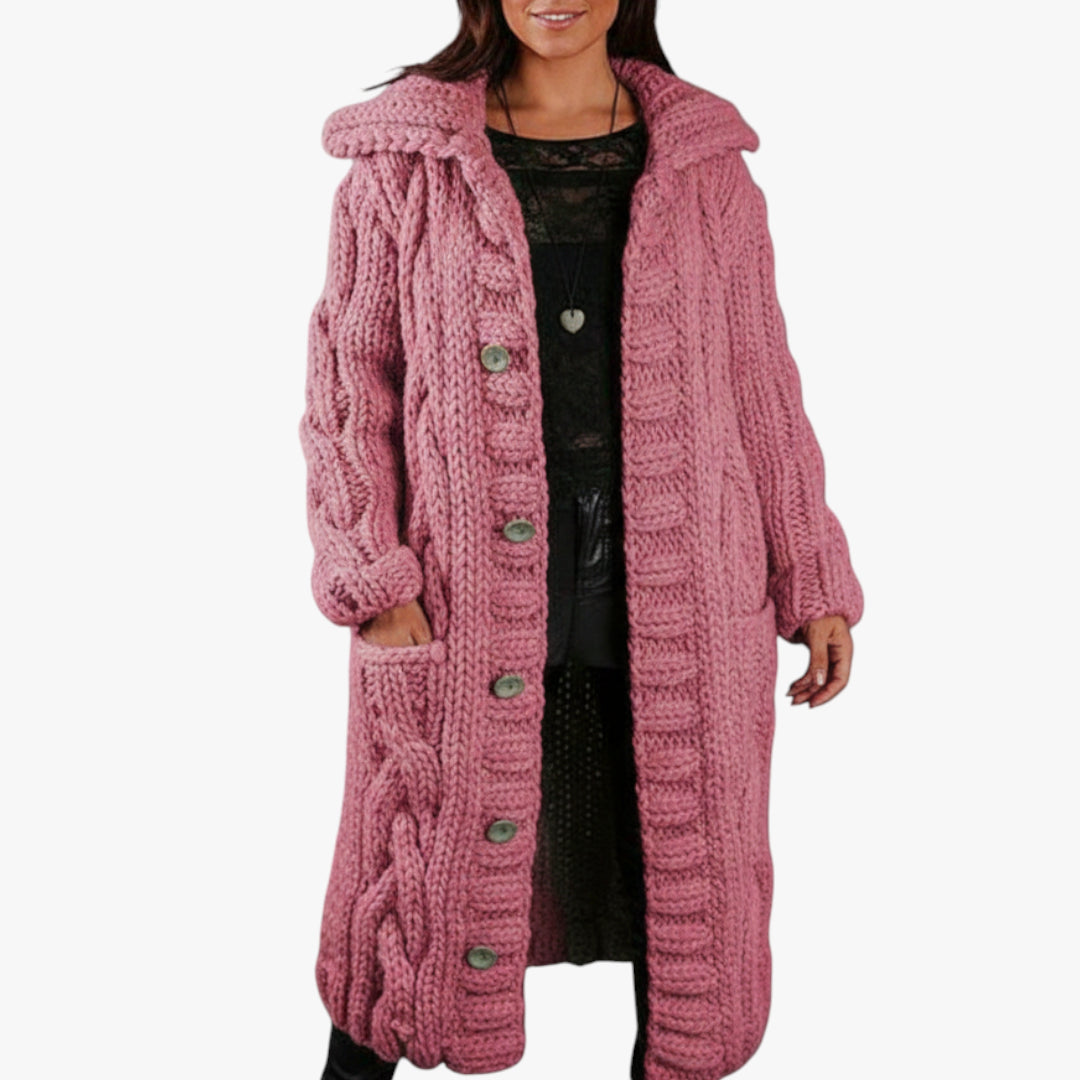 Women's Hooded Longline Coat with Button Closure and Side Pockets