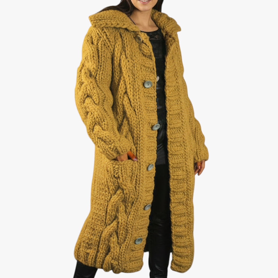 Women's Hooded Longline Coat with Button Closure and Side Pockets