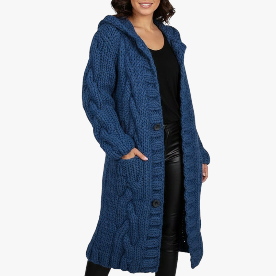 Women's Hooded Longline Coat with Button Closure and Side Pockets