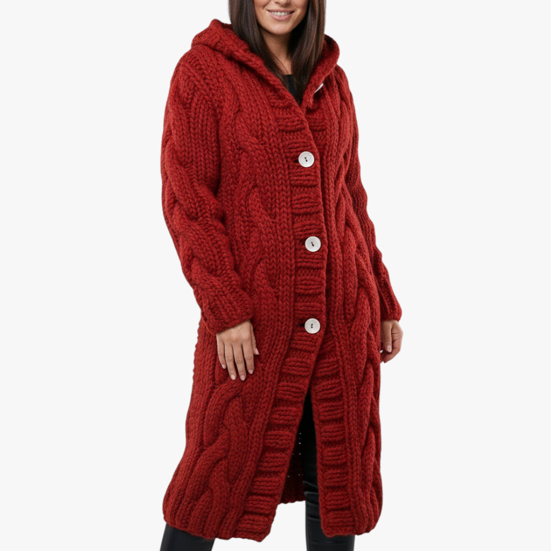 Women's Hooded Longline Coat with Button Closure and Side Pockets